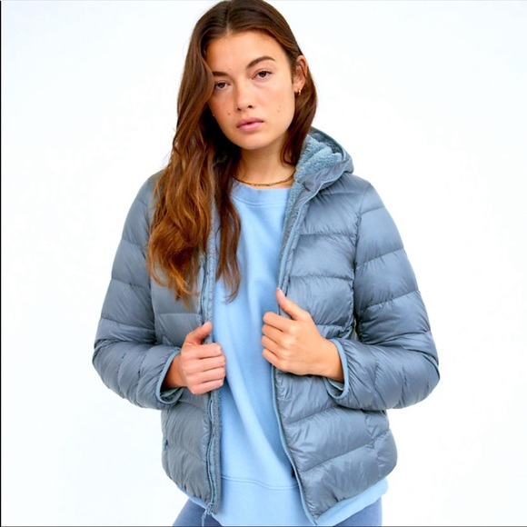 Aritzia Tna The Little Fuzzy Puff Jacket slate blue puffer coat goose down